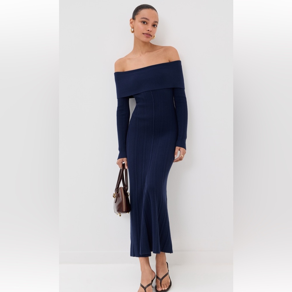 Elegant Long Sleeve Off-Shoulder Dress - Navy